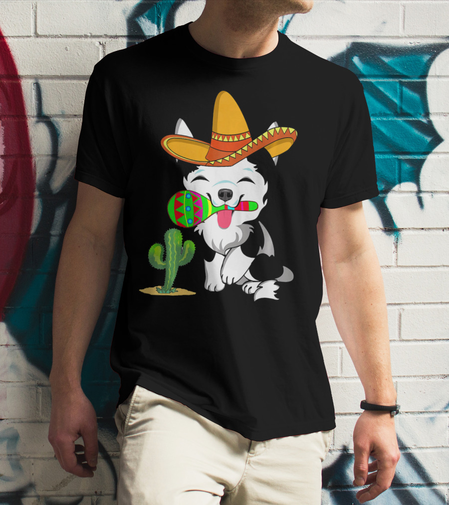 Cute Husky Dog With Sombrero And Maracas Cinco De Mayo 5th Of May T-Shirt