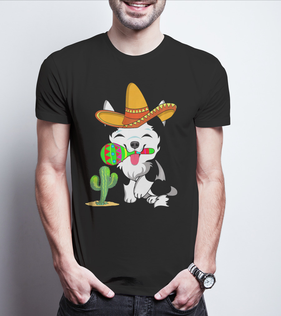 Cute Husky Dog With Sombrero And Maracas Cinco De Mayo 5th Of May T-Shirt