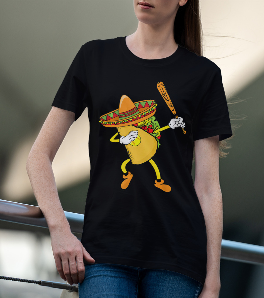 Cinco De Mayo Dabbing Taco Softball Bat Sombrero T-Shirt