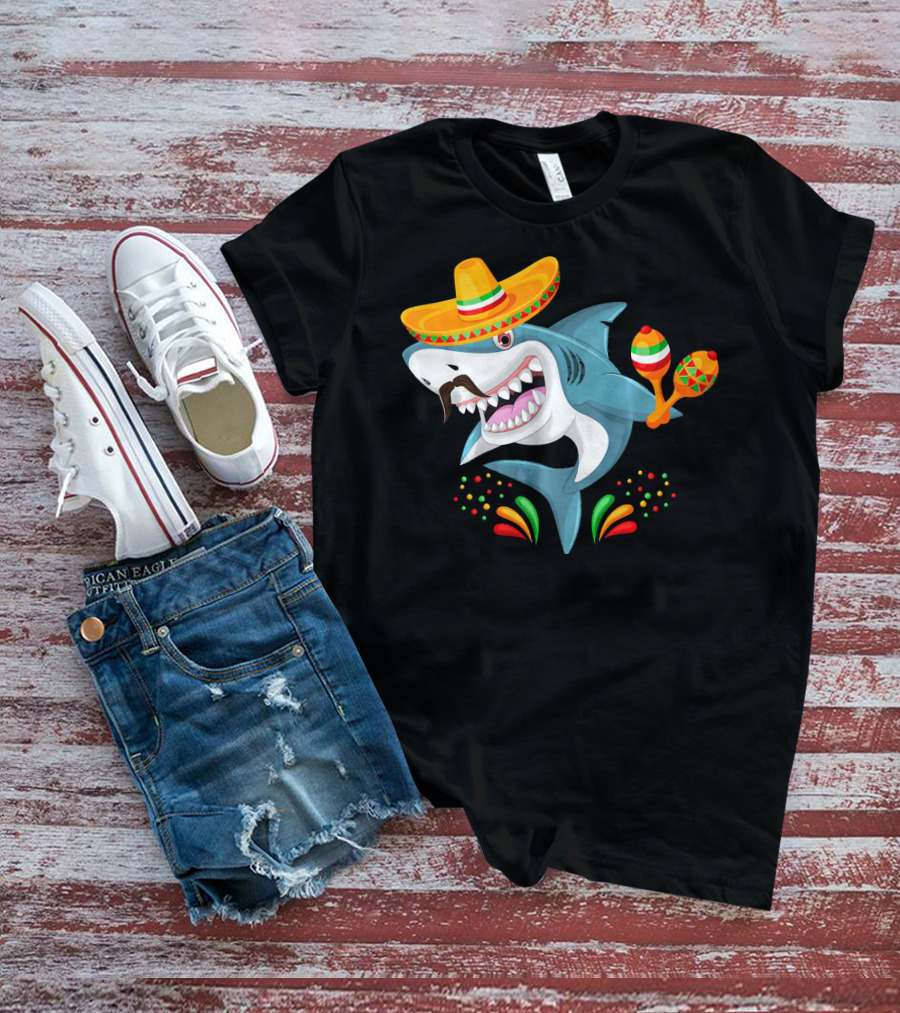 Cinco De Mayo Shark Sombrero Maracas Fiesta Mexican T-Shirt