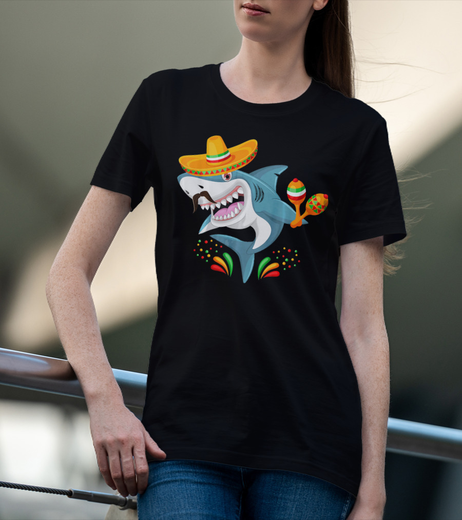Cinco De Mayo Shark Sombrero Maracas Fiesta Mexican T-Shirt