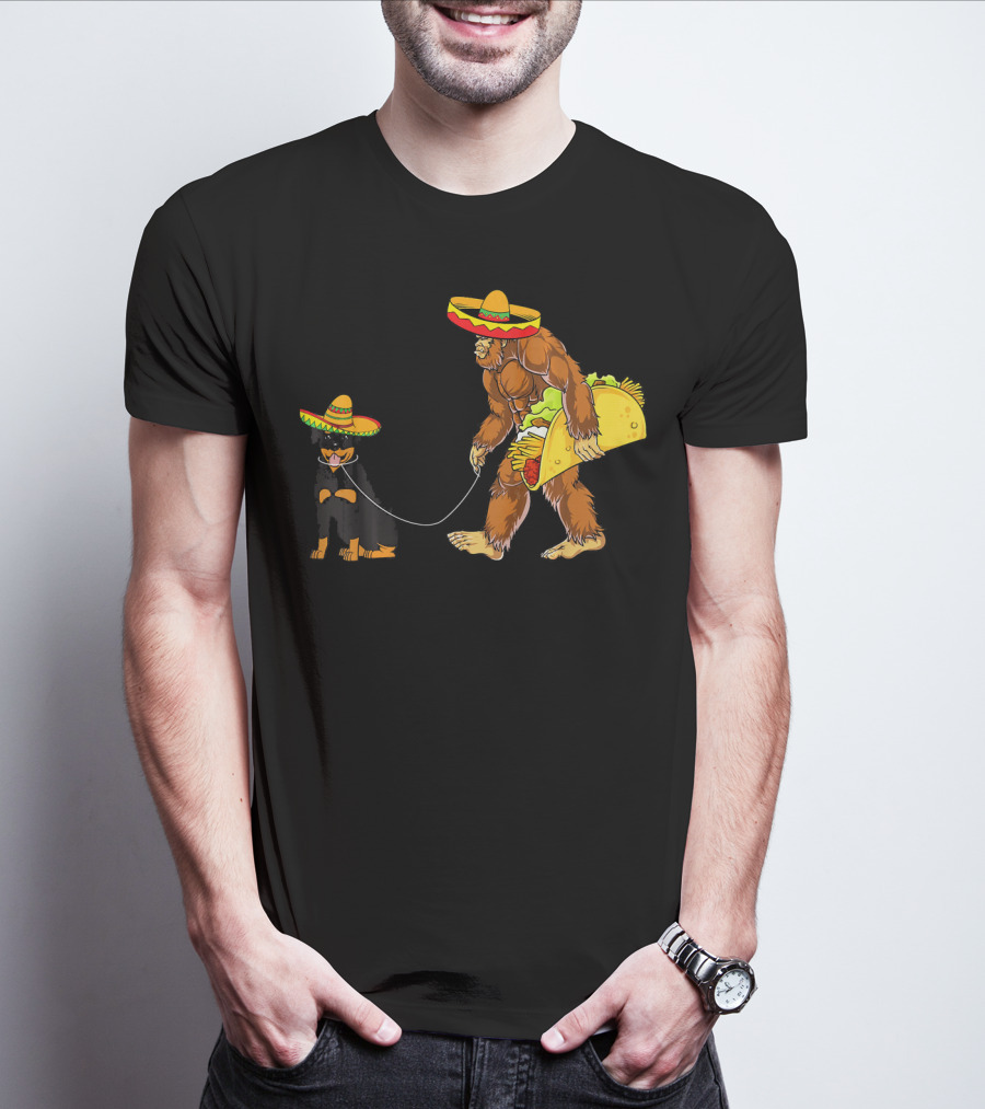 Cinco De Mayo Bigfoot Walking Rottweiler Taco Sombrero T-Shirt