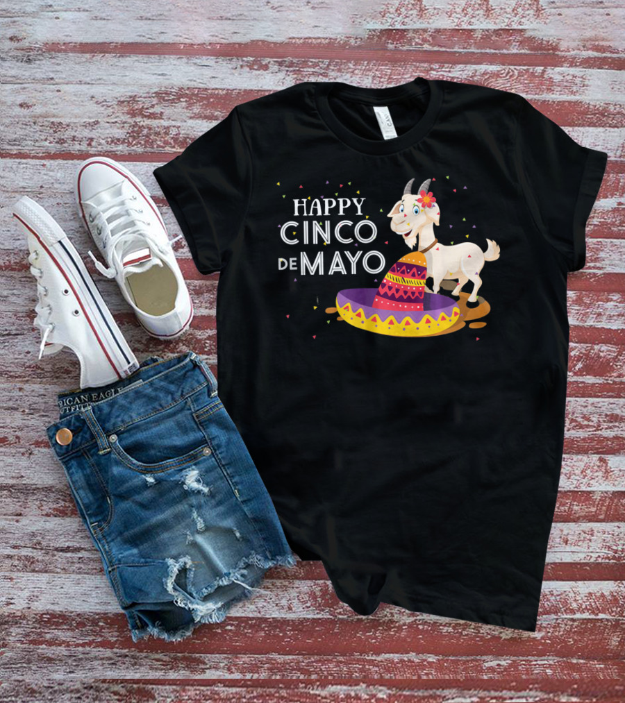 Happy Cinco De Mayo Funny Goat With Sombrero And Colorful Confetti T-Shirt