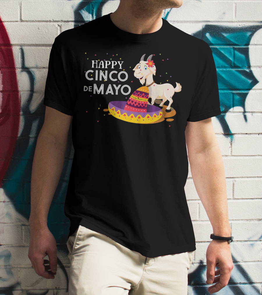 Happy Cinco De Mayo Funny Goat With Sombrero And Colorful Confetti T-Shirt