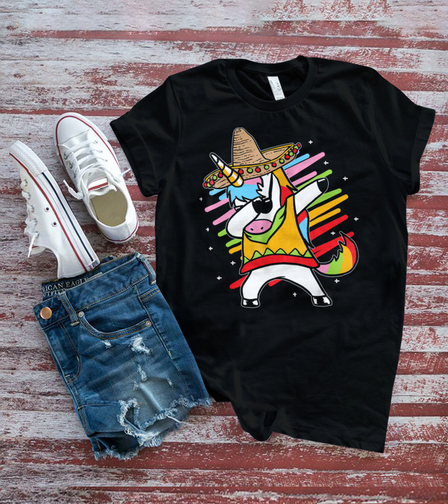 Dabbing Unicorn Cinco De Mayo Sombrero Rainbow Mexican Colors T-Shirt