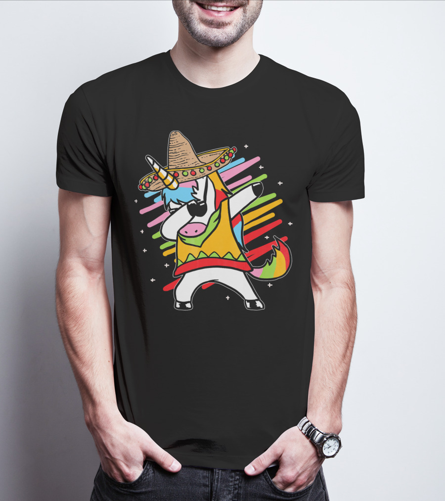 Dabbing Unicorn Cinco De Mayo Sombrero Rainbow Mexican Colors T-Shirt