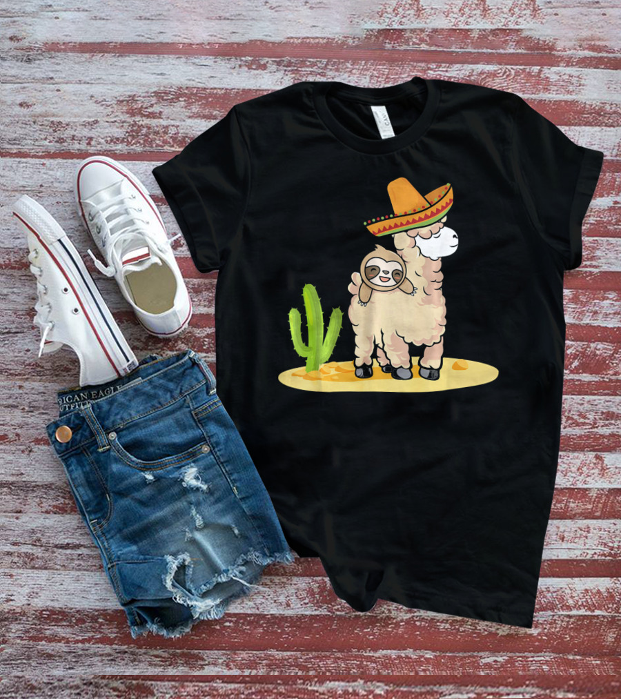 Cinco De Mayo Mexican Llama Sloth Riding Sombrero Cactus Desert Scene T-Shirt