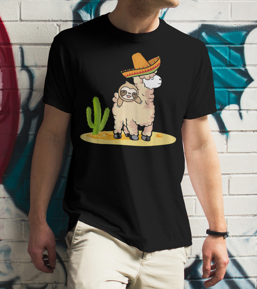 Cinco De Mayo Mexican Llama Sloth Riding Sombrero Cactus Desert Scene T-Shirt
