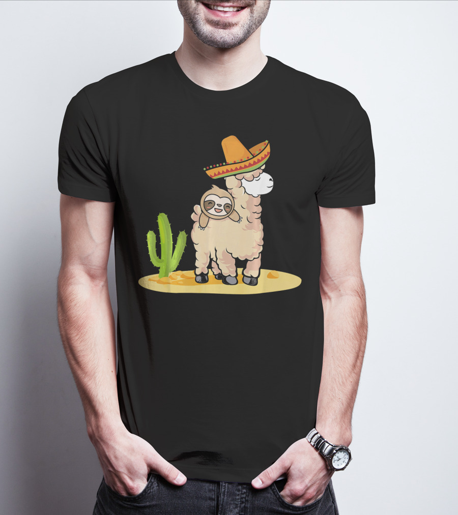 Cinco De Mayo Mexican Llama Sloth Riding Sombrero Cactus Desert Scene T-Shirt