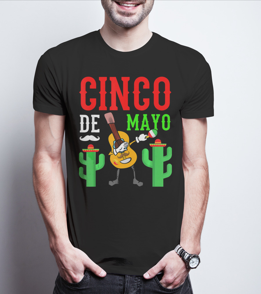 Cinco De Mayo Dabbing Guitar With Cactus And Mustache T-Shirt