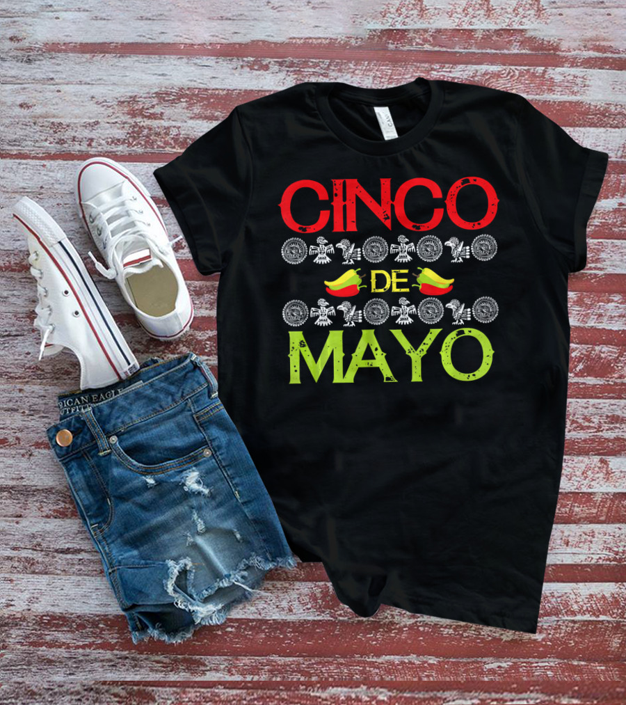 CINCO DE MAYO Mexican Festival Icons With Peppers T-Shirt