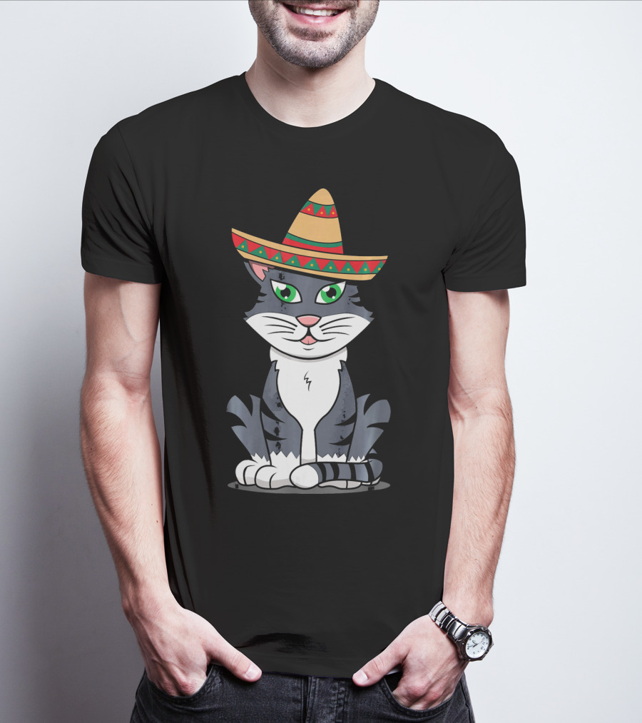 Cinco De Mayo Cat Happy With Sombrero T-Shirt