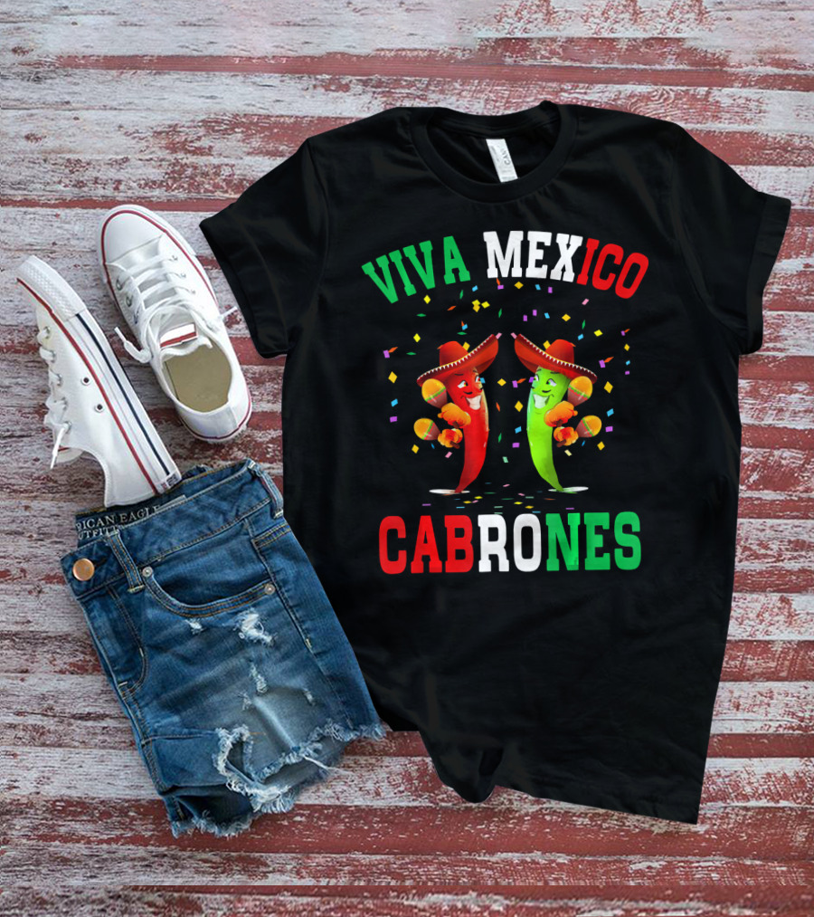 Viva Mexico Cabrones Red Green Chili Peppers Sombreros Confetti T-Shirt