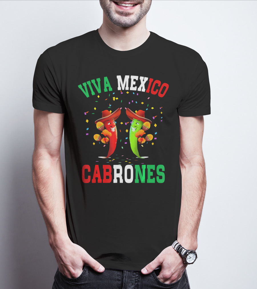 Viva Mexico Cabrones Red Green Chili Peppers Sombreros Confetti T-Shirt
