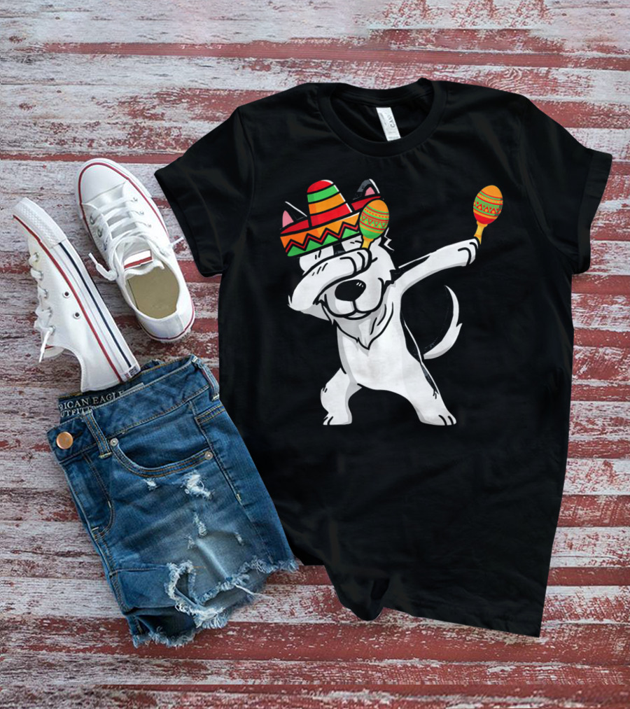 Dabbing Husky With Sombrero And Maracas Funny Cinco De Mayo T-Shirt