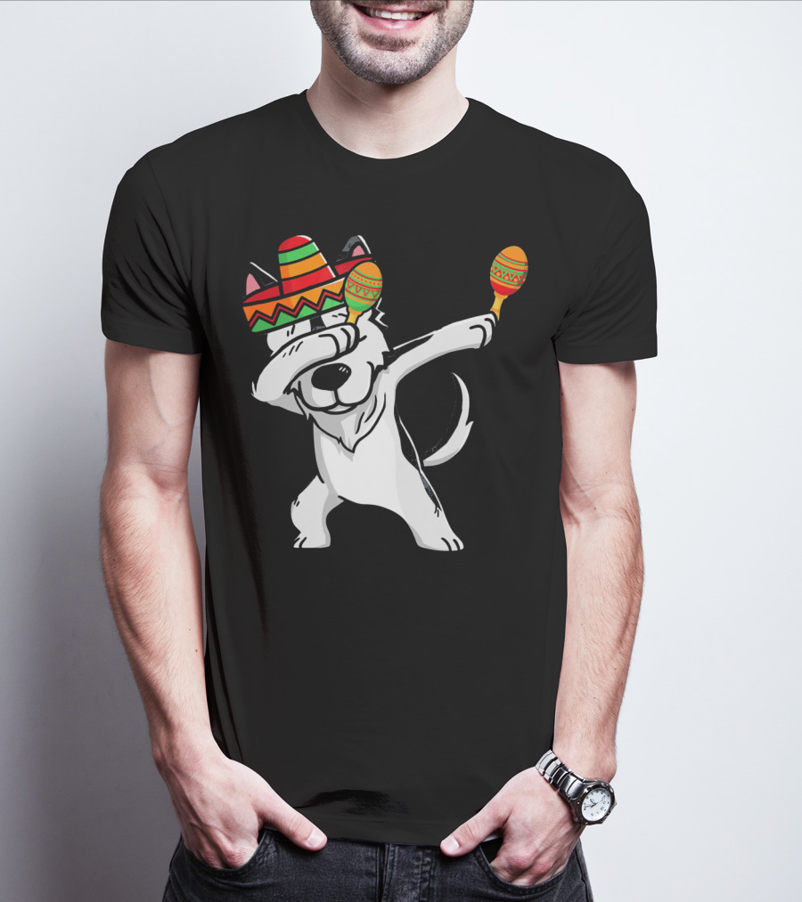 Dabbing Husky With Sombrero And Maracas Funny Cinco De Mayo T-Shirt