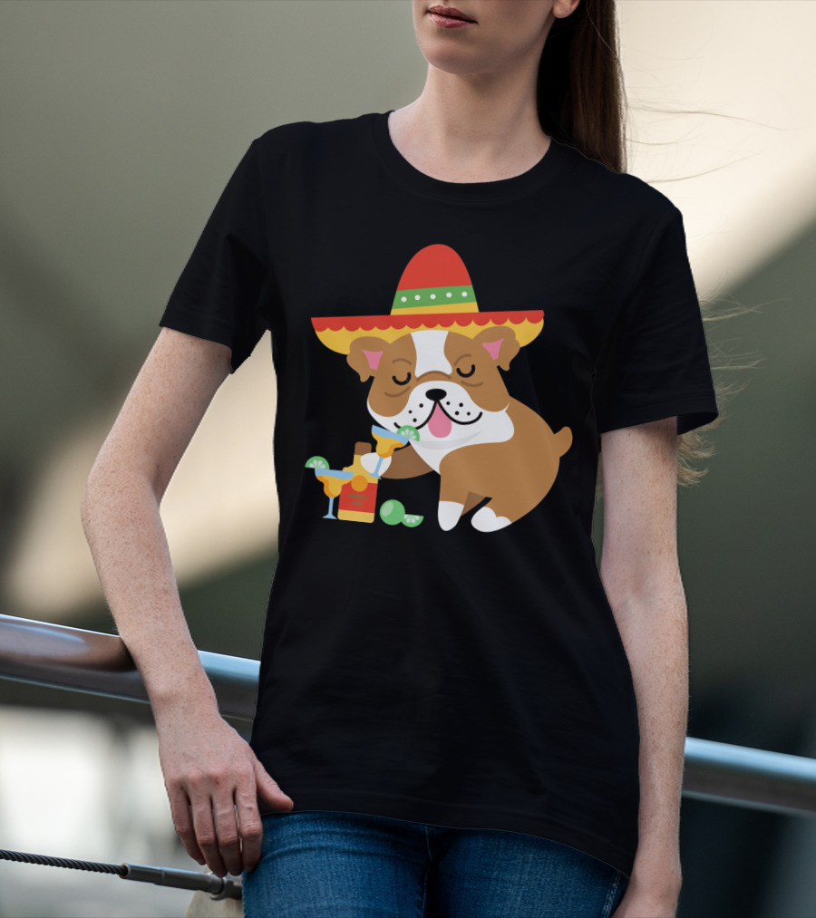 Bulldog Margarita Funny Mexican Sombrero Dog Cinc Party T-Shirt