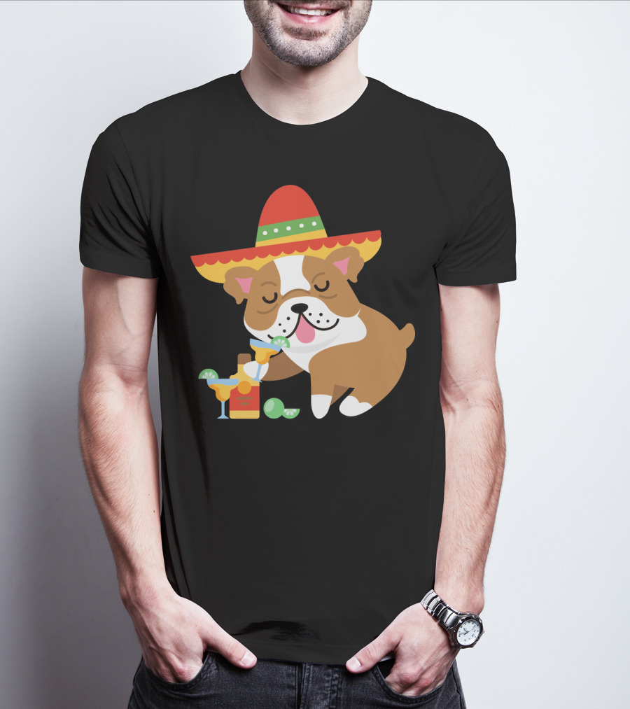 Bulldog Margarita Funny Mexican Sombrero Dog Cinc Party T-Shirt