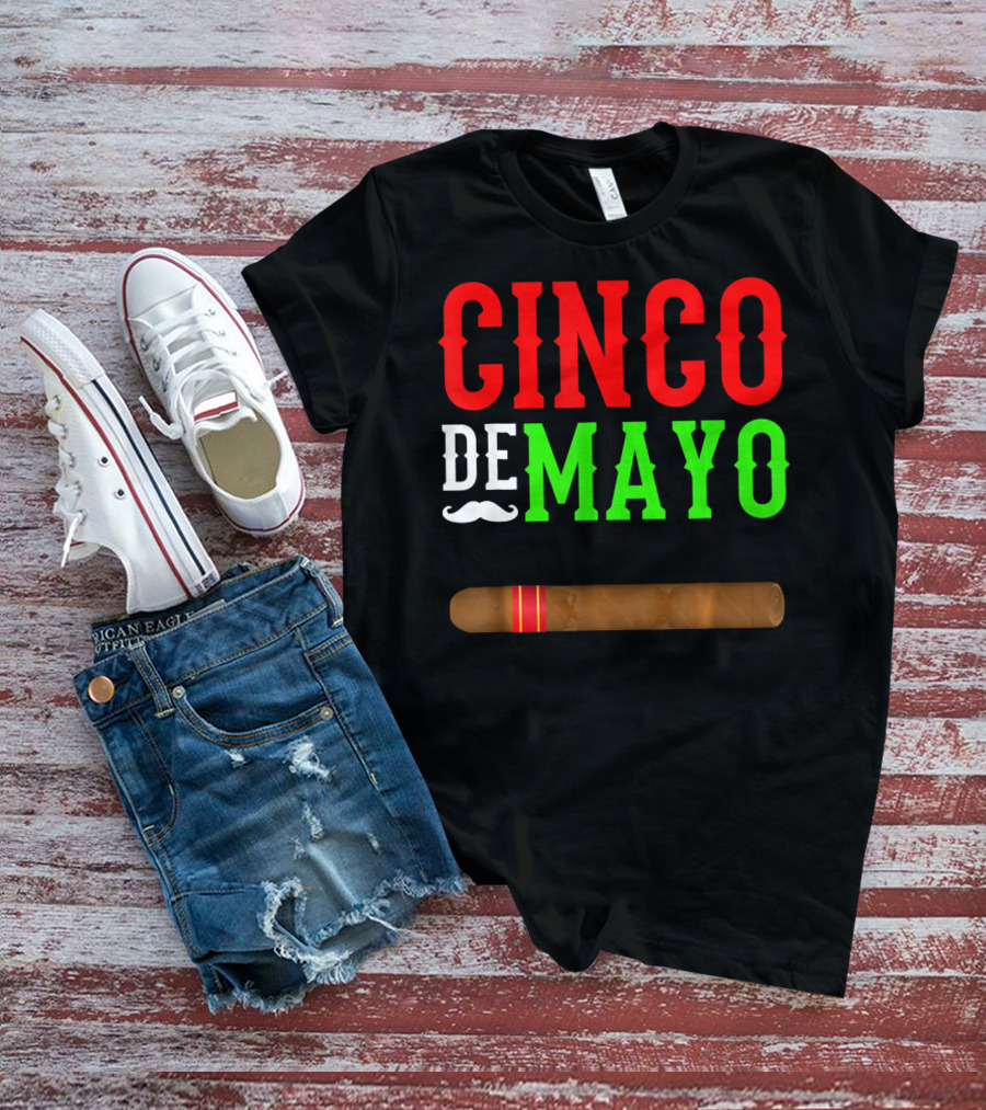 Cinco De Mayo Cigar With Mustache Graphic Funny Mexico T-Shirt