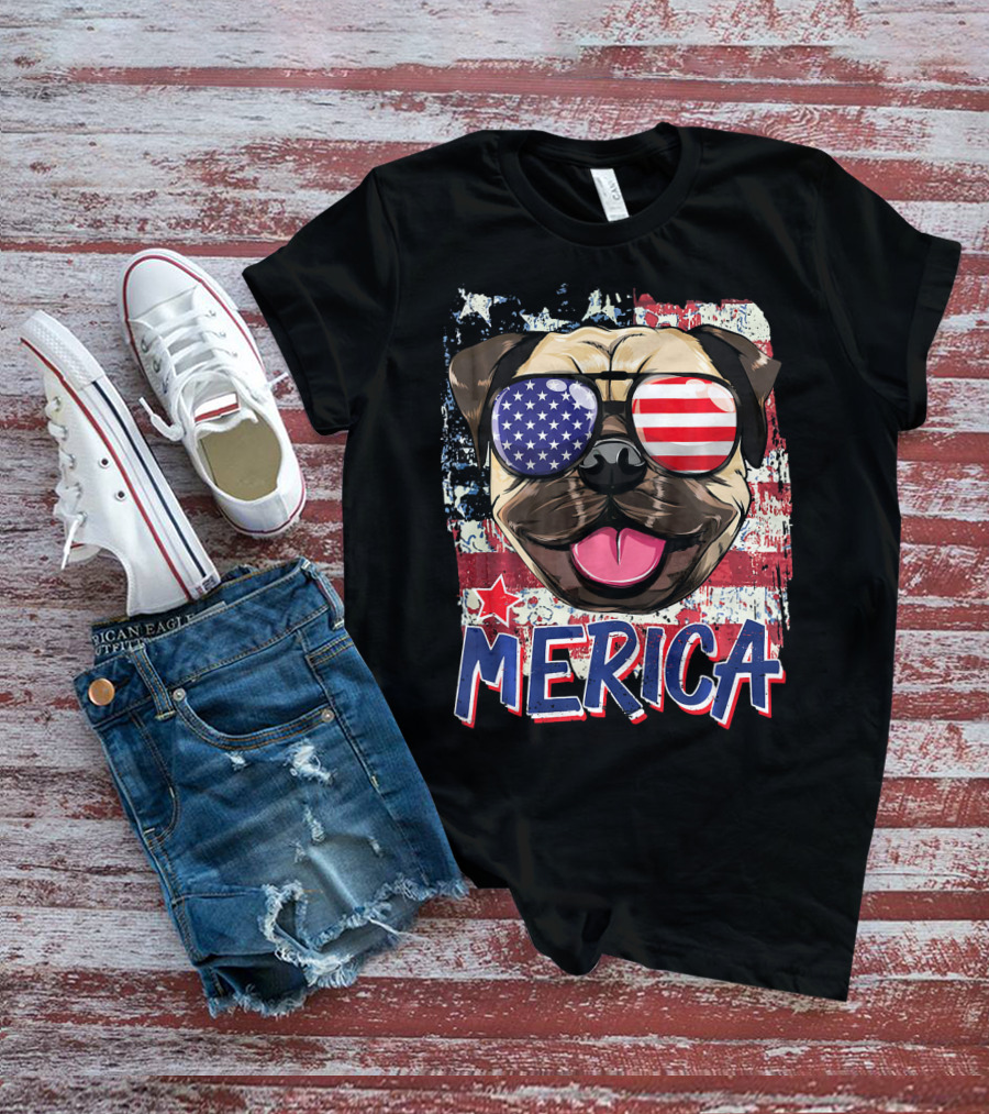 American Flag Pug Dog Merica Sunglasses USA T-Shirt