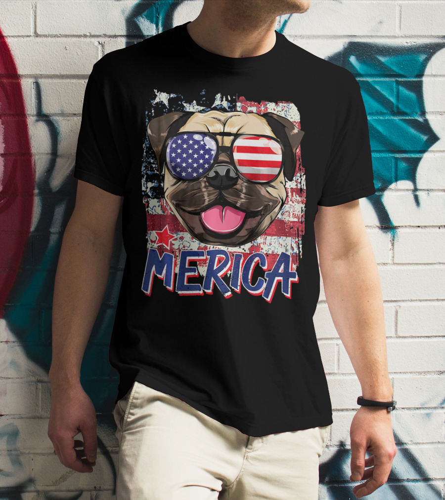 American Flag Pug Dog Merica Sunglasses USA T-Shirt