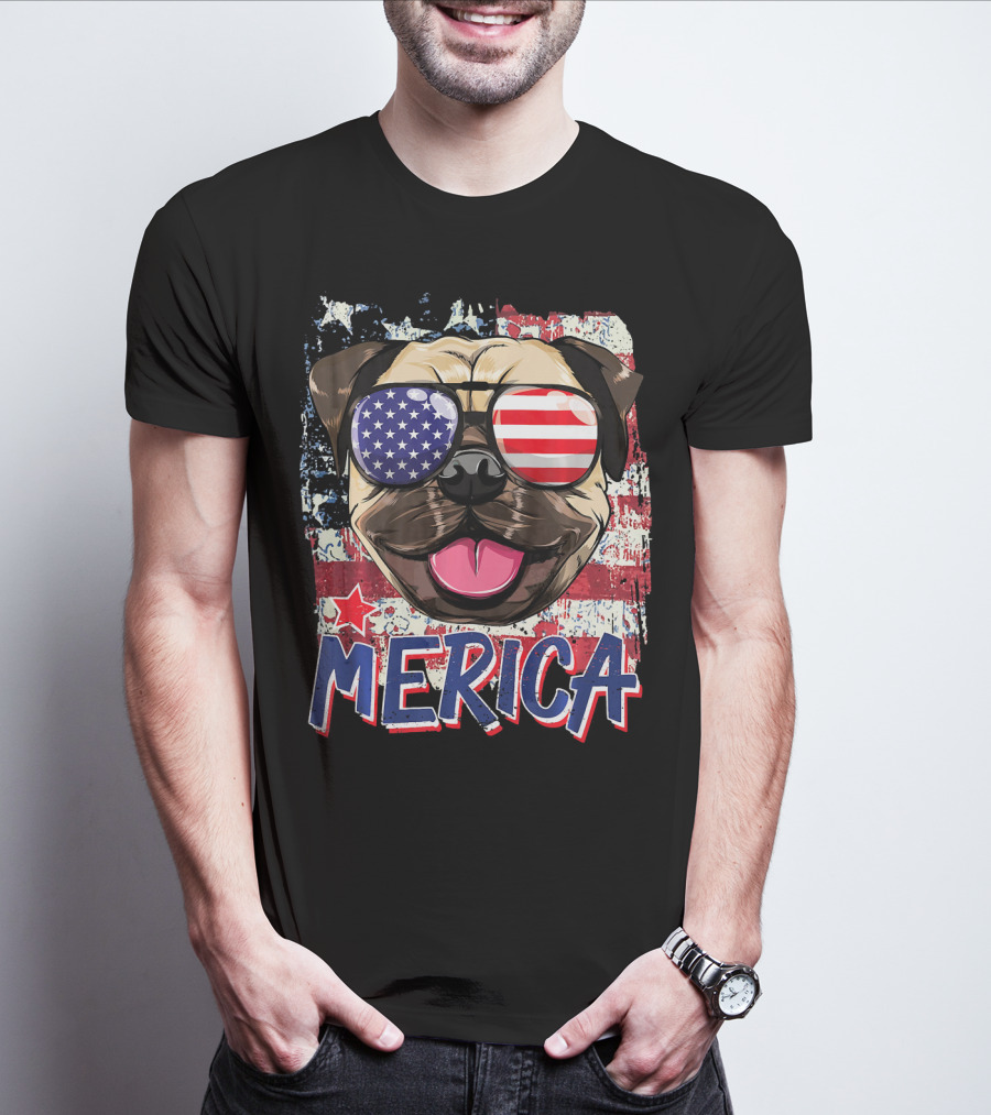 American Flag Pug Dog Merica Sunglasses USA T-Shirt