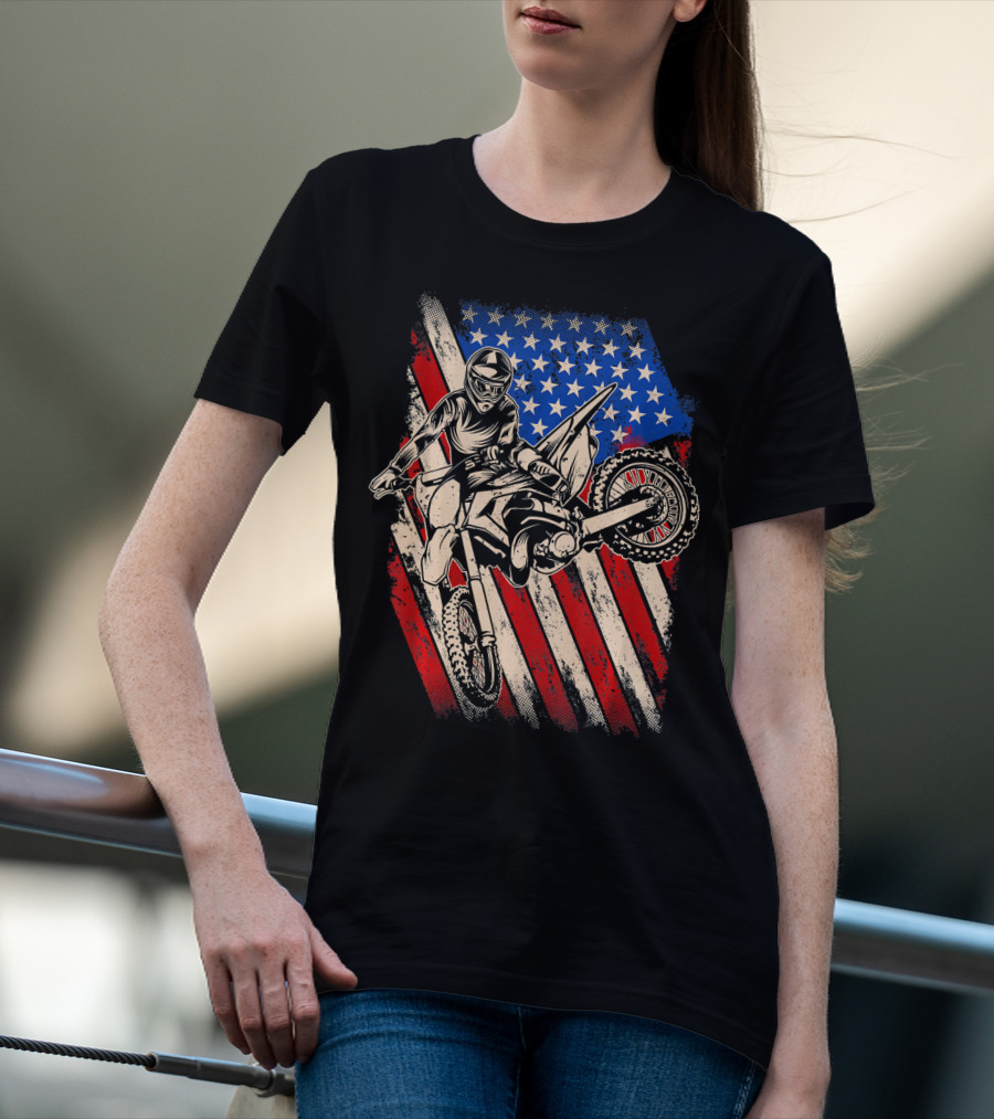 Vintage Dirt Bike Motocross With American Flag Background T-Shirt