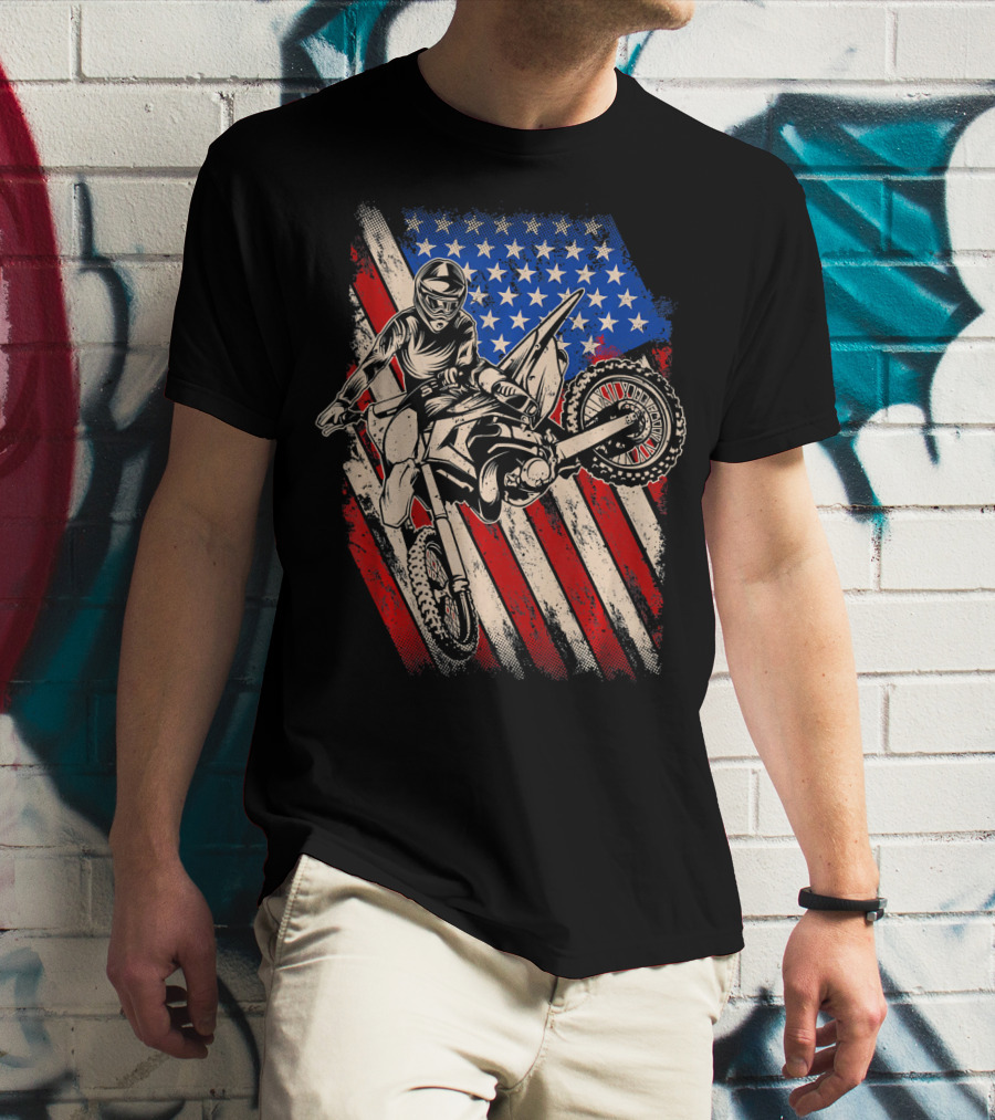 Vintage Dirt Bike Motocross With American Flag Background T-Shirt