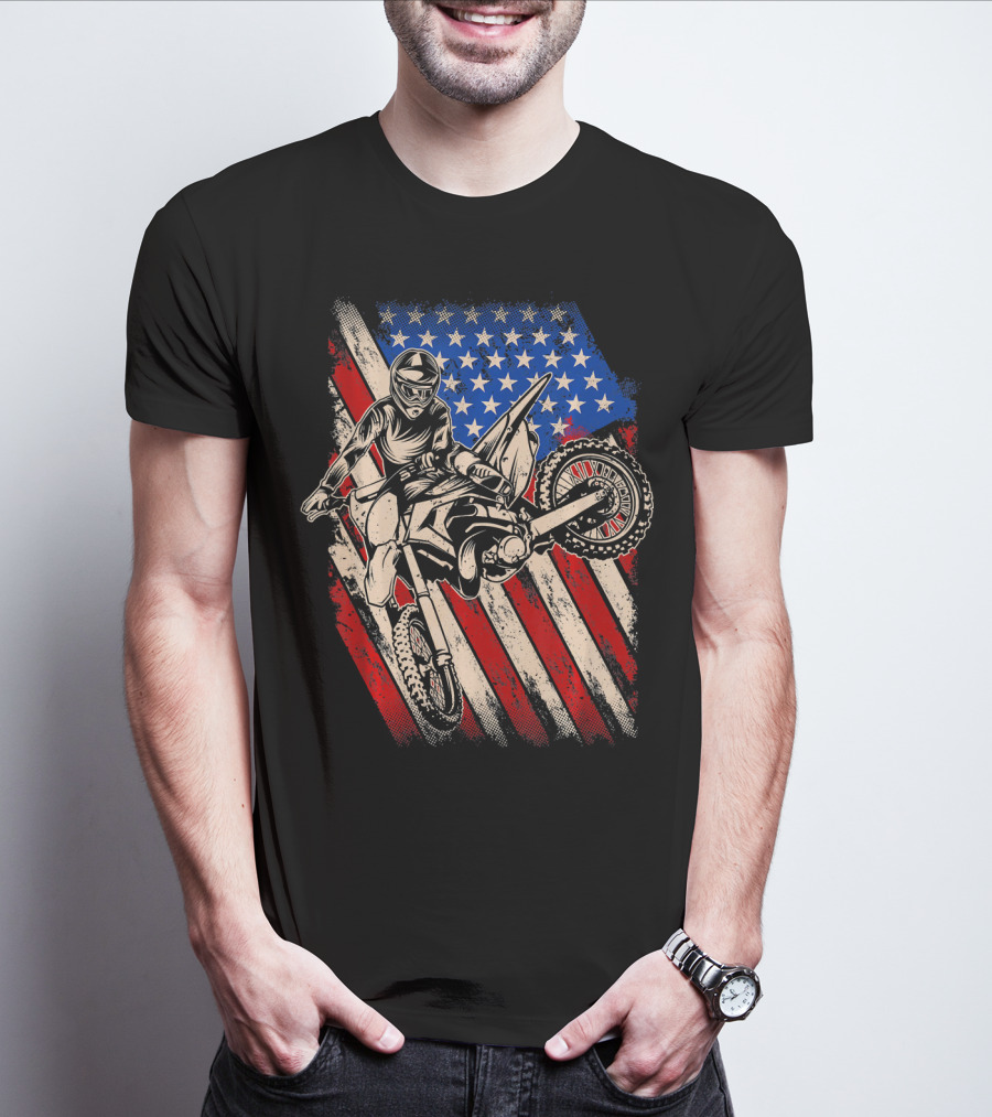 Vintage Dirt Bike Motocross With American Flag Background T-Shirt