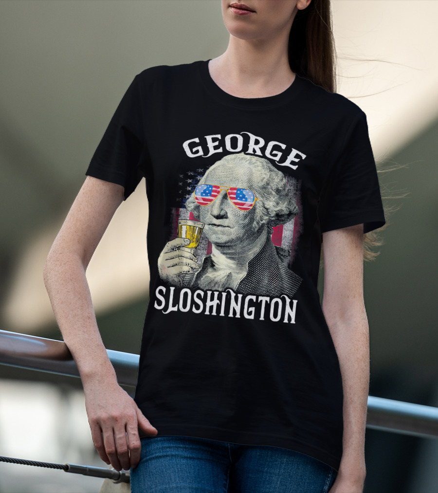 George Sloshington American Flag Sunglasses Beer T-Shirt