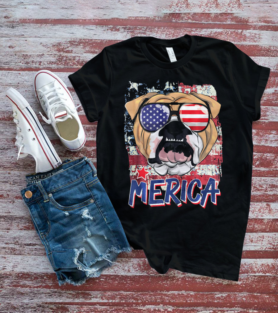 Merica Bulldog With American Flag Sunglasses T-Shirt