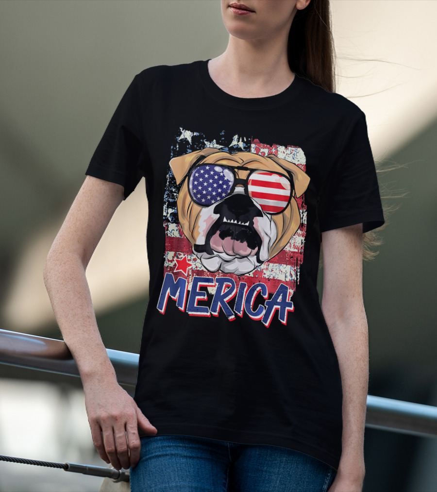 Merica Bulldog With American Flag Sunglasses T-Shirt