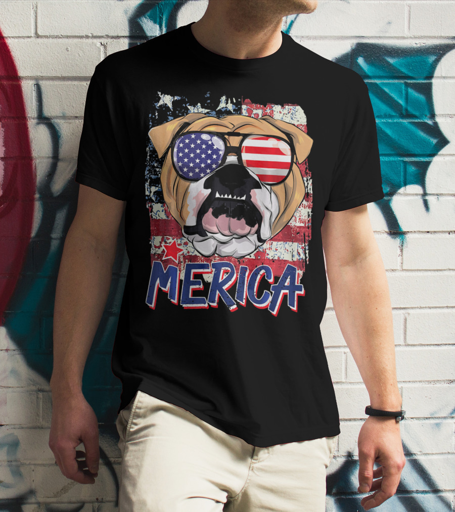 Merica Bulldog With American Flag Sunglasses T-Shirt