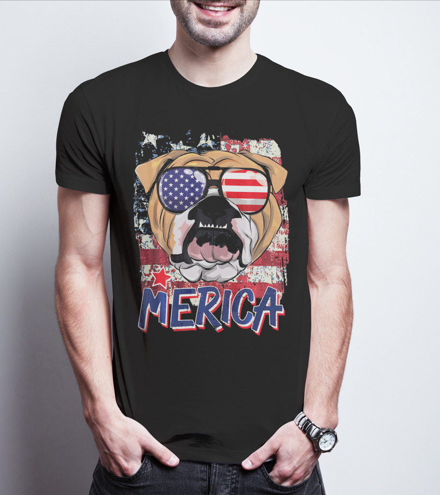 Merica Bulldog With American Flag Sunglasses T-Shirt