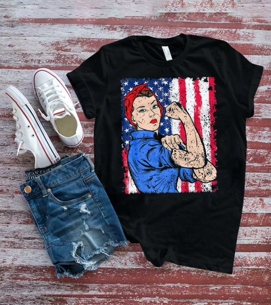 Rosie The Riveter Feminist Patriotic USA American Flag Iconic Empowerment T-Shirt