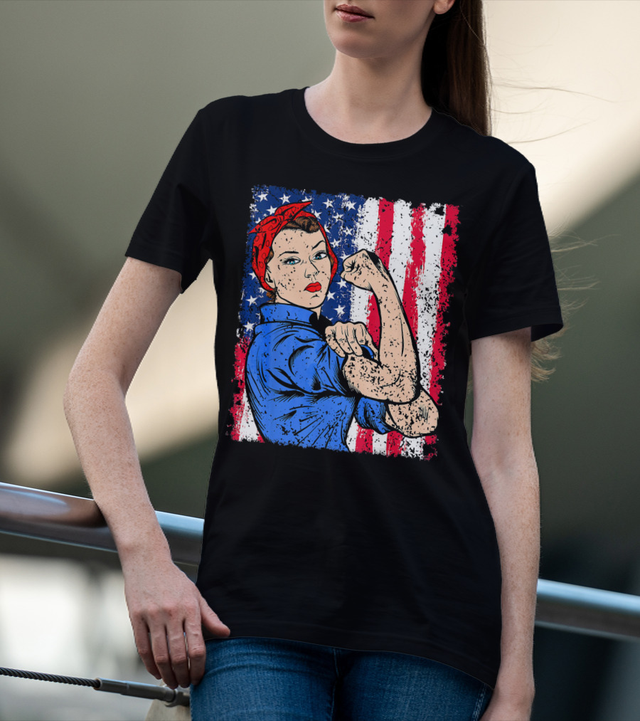 Rosie The Riveter Feminist Patriotic USA American Flag Iconic Empowerment T-Shirt