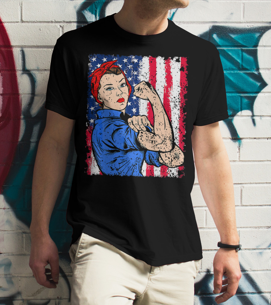 Rosie The Riveter Feminist Patriotic USA American Flag Iconic Empowerment T-Shirt