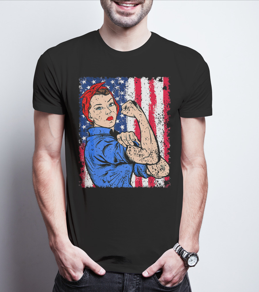 Rosie The Riveter Feminist Patriotic USA American Flag Iconic Empowerment T-Shirt
