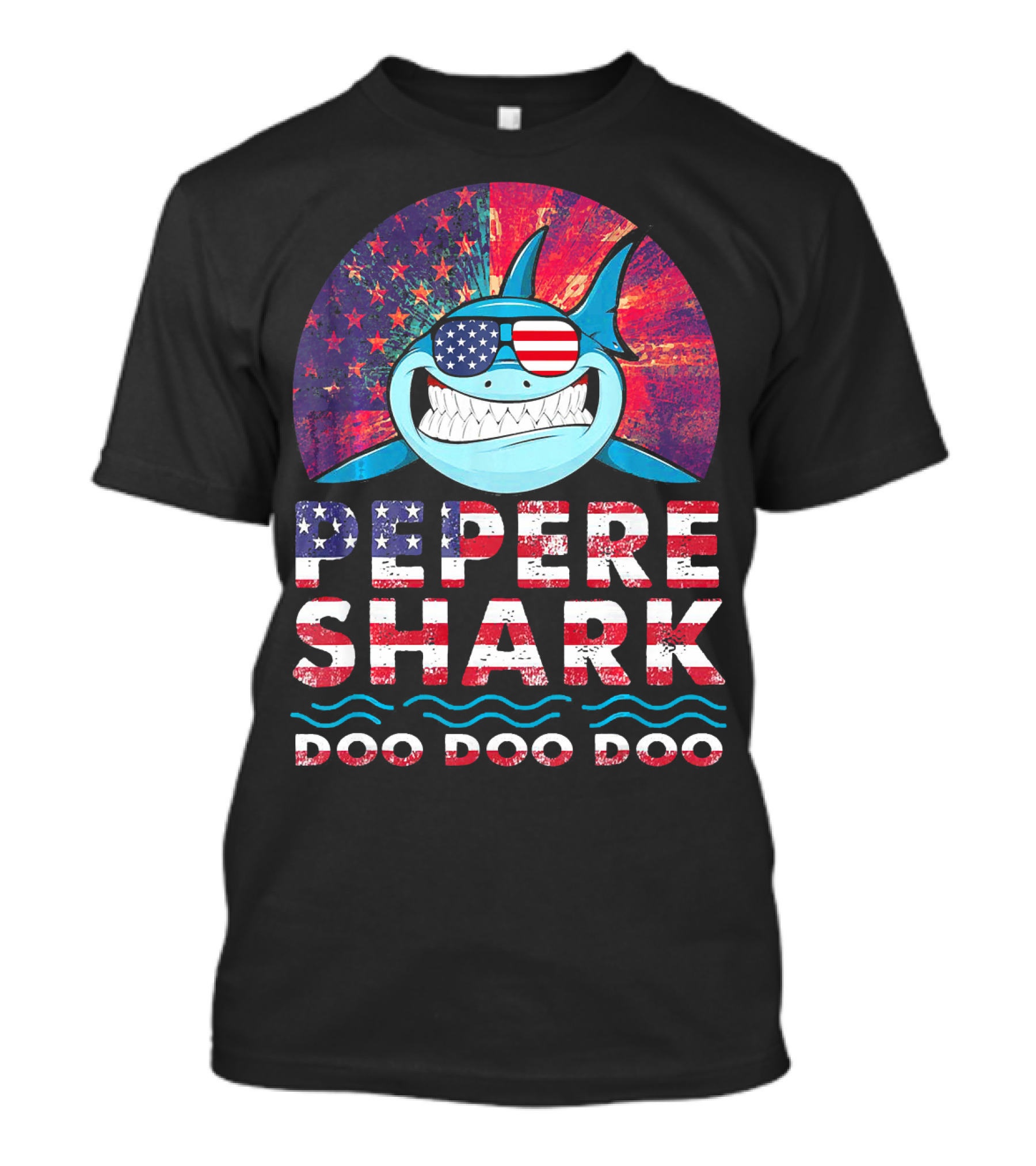 Pepere Shark Doo Doo Doo American Flag Sunglasses T-Shirt