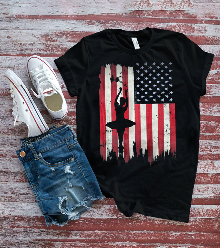 Ballerina Silhouette With American Flag Ballet USA T-Shirt