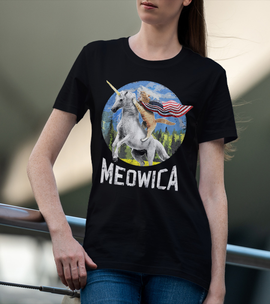 Meowica Cat Riding Unicorn With American Flag T-Shirt