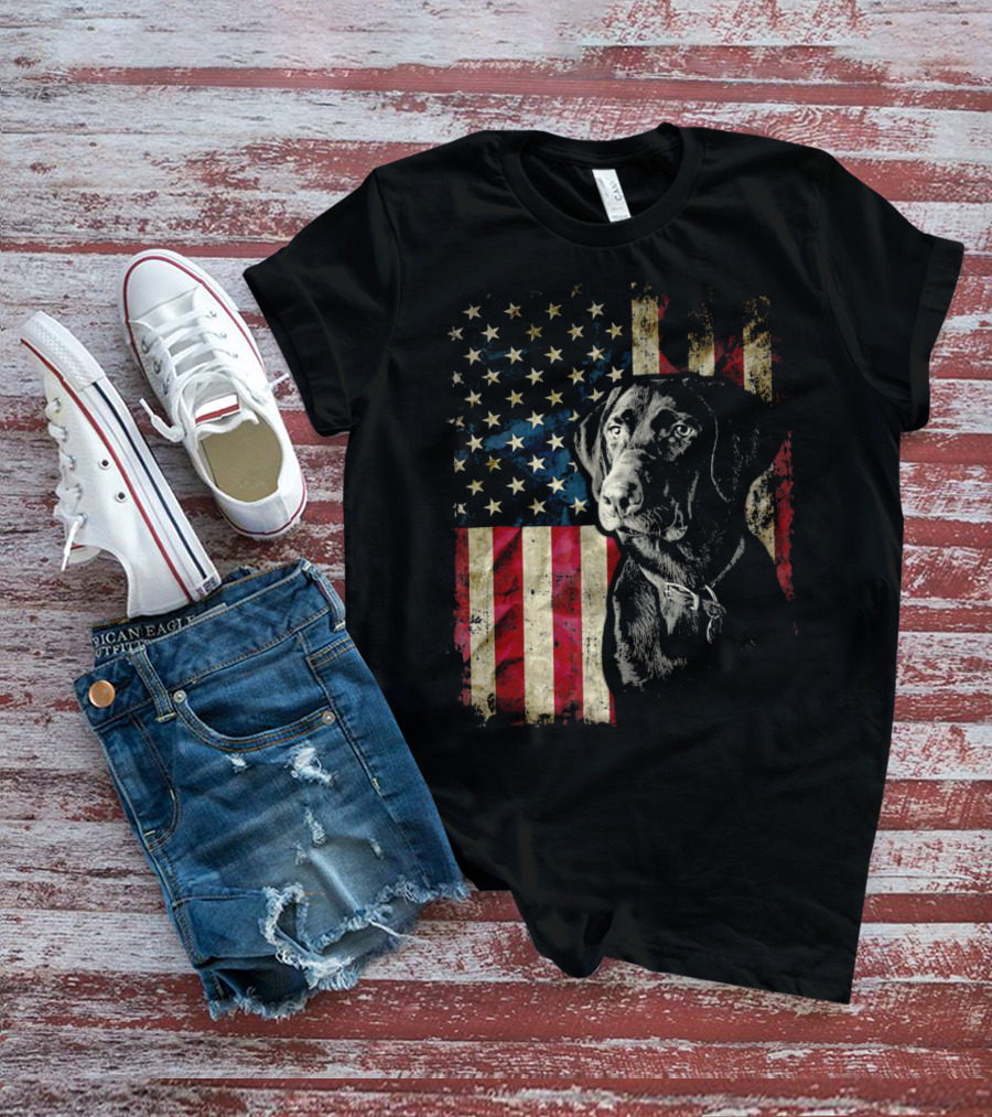Patriotic Labrador Retriever With American Flag Background T-Shirt