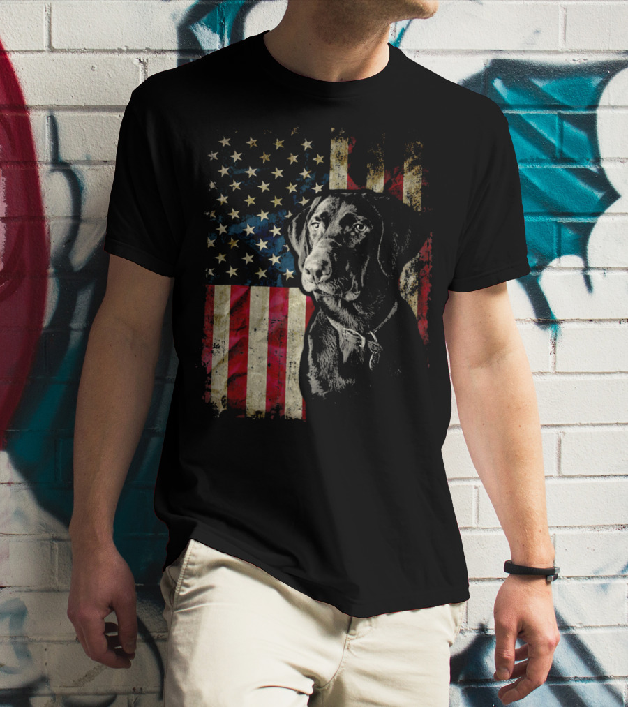 Patriotic Labrador Retriever With American Flag Background T-Shirt