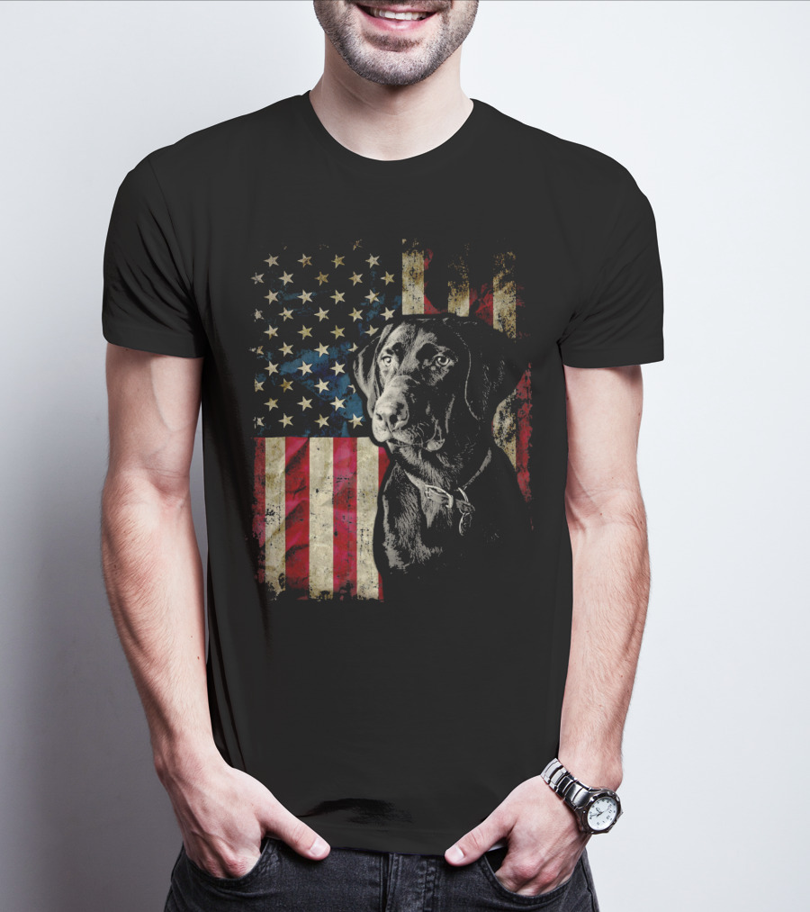 Patriotic Labrador Retriever With American Flag Background T-Shirt