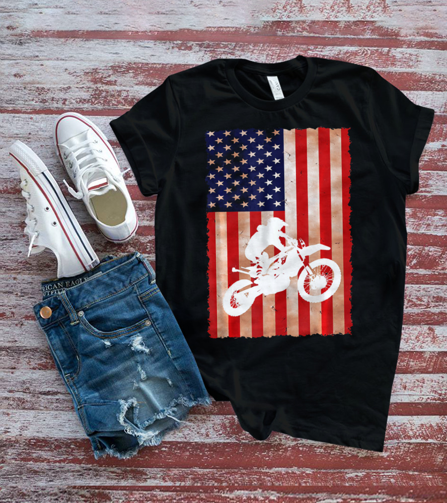 Dirt Bike Motocross American Flag Patriotic Ride USA T-Shirt