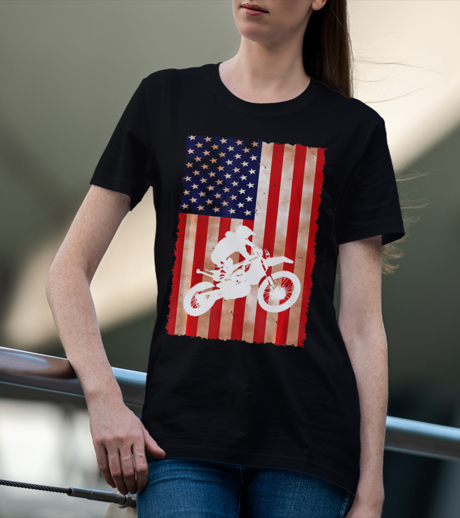 Dirt Bike Motocross American Flag Patriotic Ride USA T-Shirt