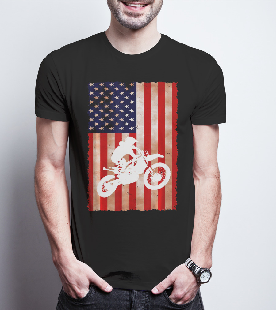 Dirt Bike Motocross American Flag Patriotic Ride USA T-Shirt