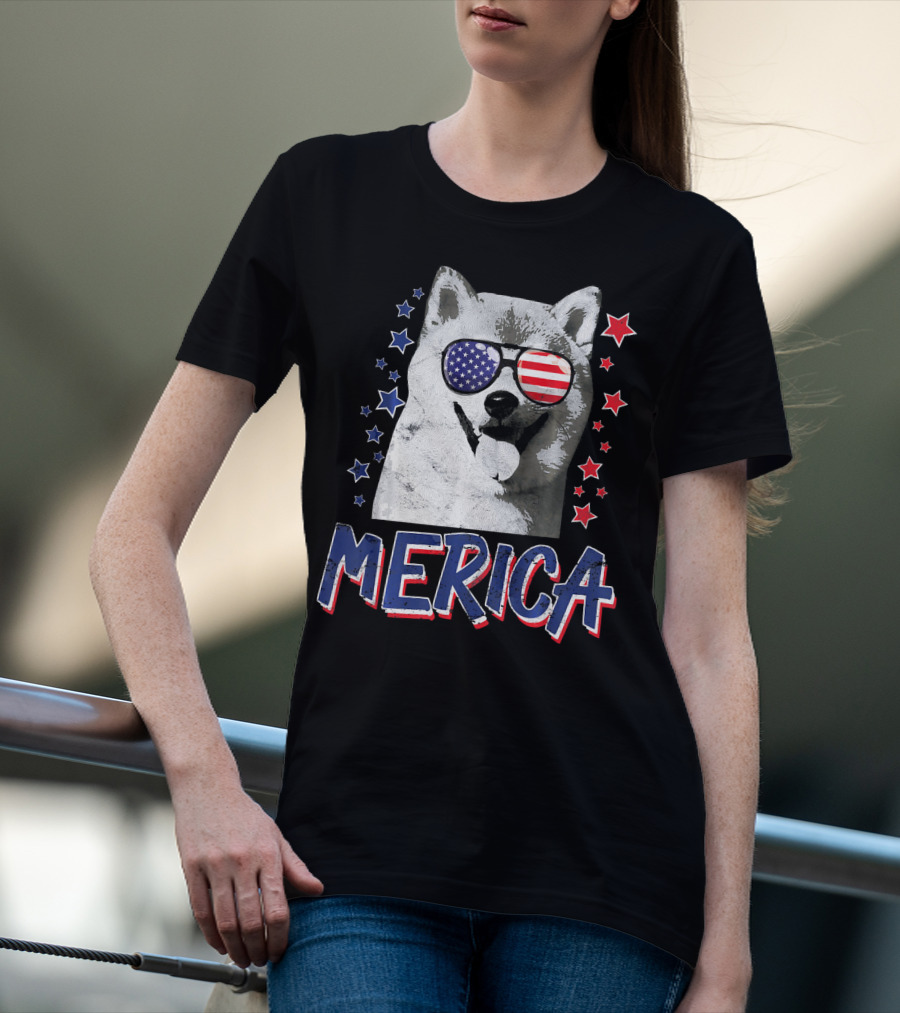 Merica Shiba Inu Dog Patriotic USA Stars And Stripes Sunglasses T-Shirt