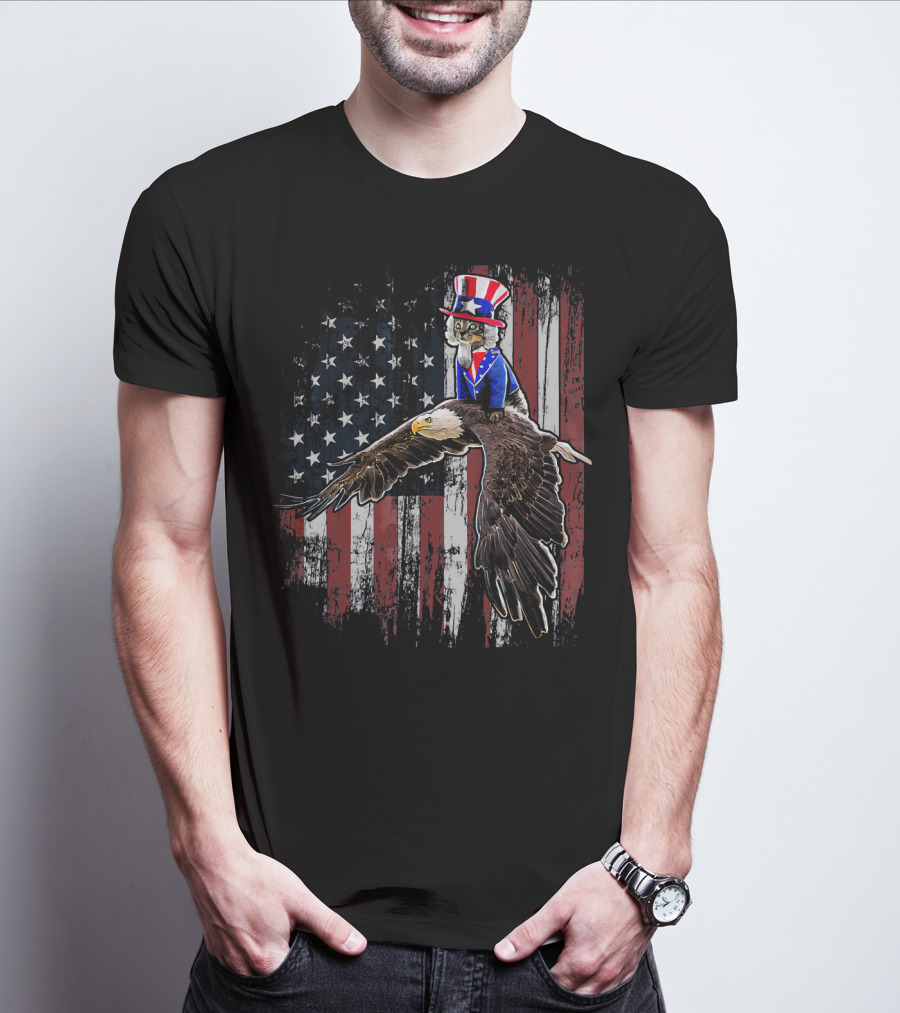 Uncle Sam Costume Cat Riding Bald Eagle On American Flag Background T-Shirt