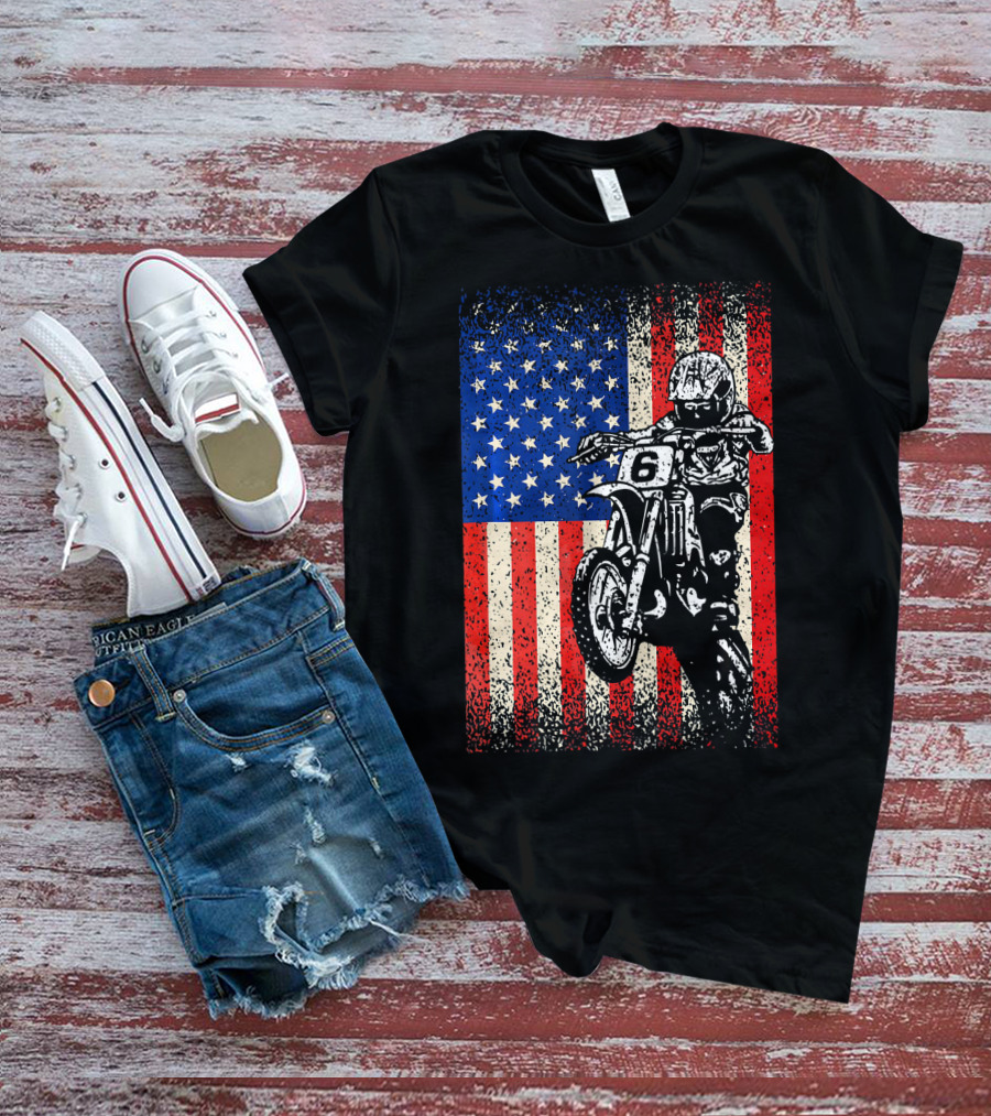 Dirt Bike American Flag Motocross Biker Number 6 T-Shirt